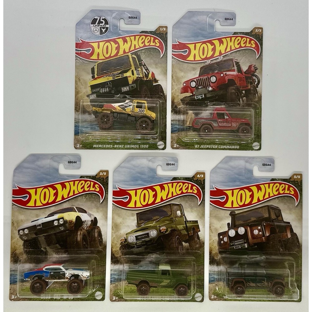 Hot Wheels Mud Runners Set 5 Unimog Land Cruiser Defender Jeepster Olds 442 1:64